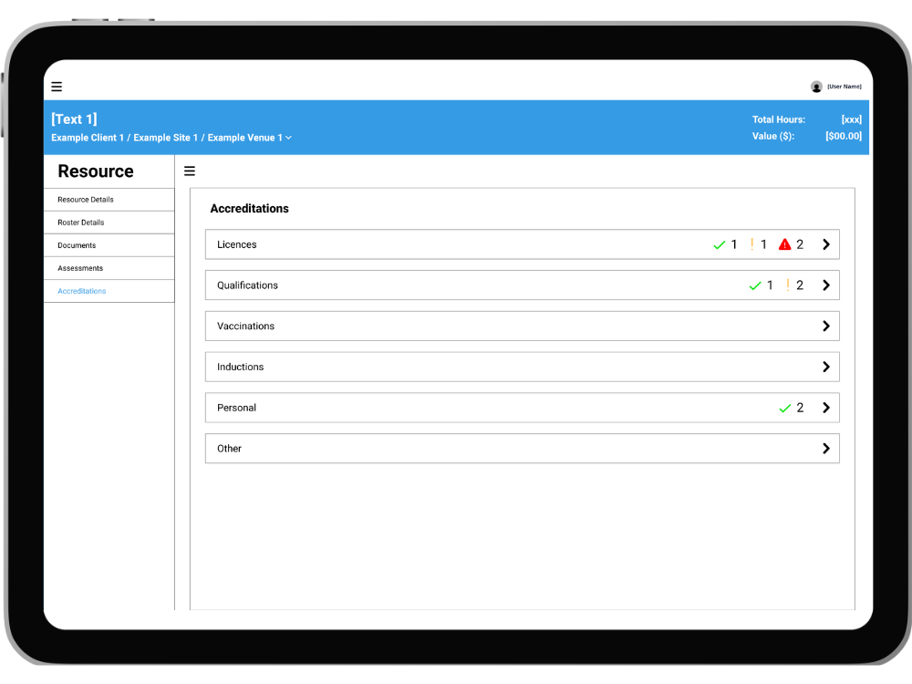 A resource's accreditation section on TaskEzy displayed on a tablet. A list of accreditation types is displayed, some have icons to show that there are issues with the related accreditation.