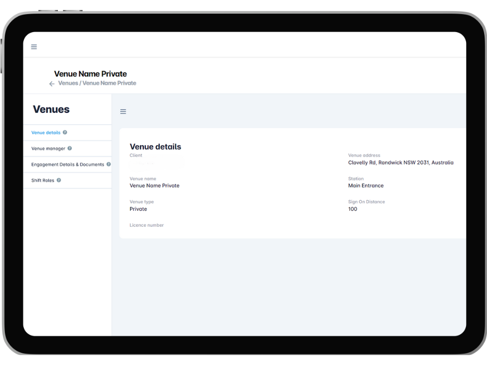 A venue's detail screen displayed on a tablet.