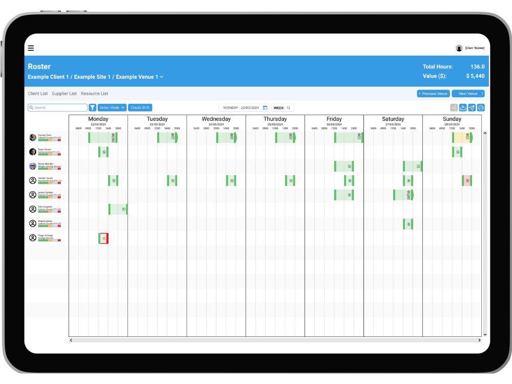 A TaskEzy Roster displayed on a tablet. A number of resources attached to a venue are displayed with their shifts in a weekveiw. The shifts are colour-coded by status.