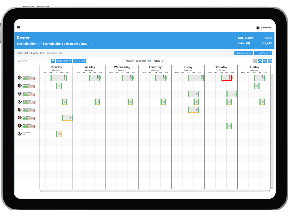 A TaskEzy Roster displayed on a tablet. A number of resources attached to a venue are displayed with their shifts in a weekview. The shifts are colour-coded by status.