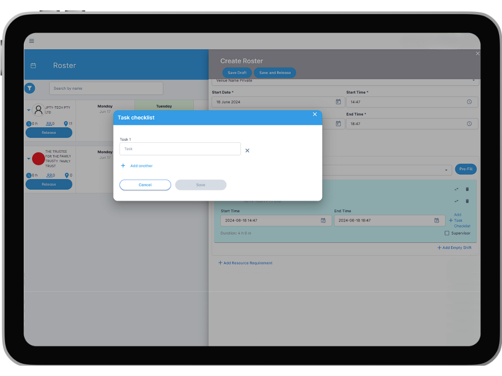 A tasklist being created a TaskEzy shift, displayed on a tablet.