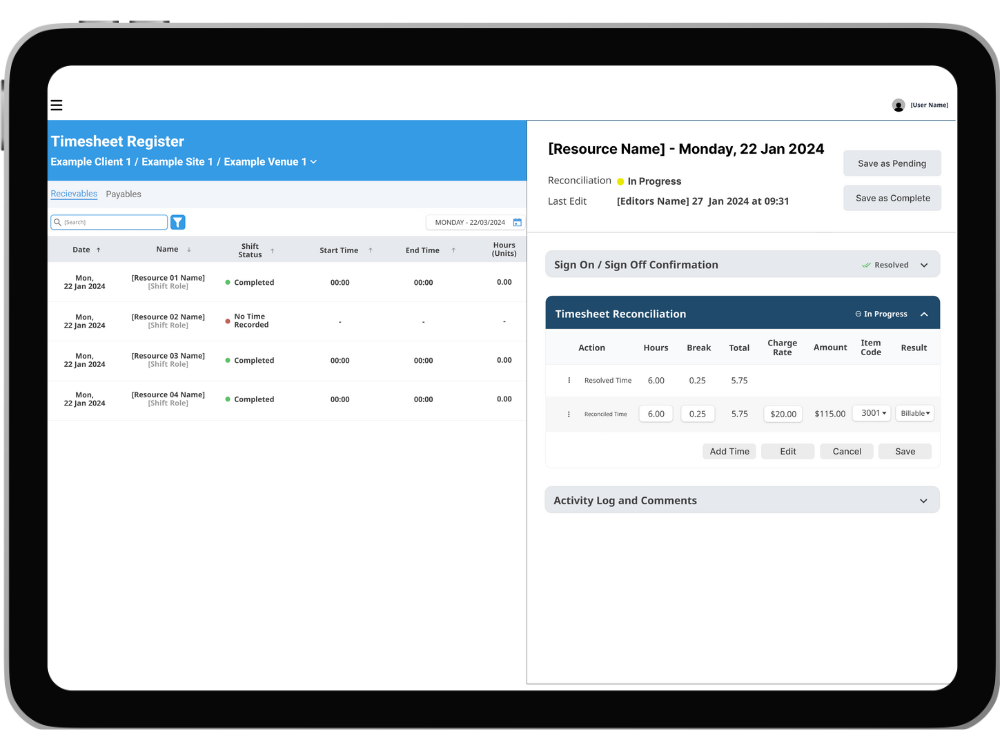 A TaskEzy Timesheet Register displayed on a tablet . On the left is a table showing a list of resources and their shift details. On the right is a sidepanel for timesheet reconciliation.